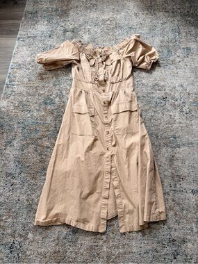 Off-Shoulder Button-Front Midi Dress in Beige
